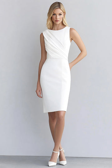 Ivory Satin Bodycon Round Neck Ruched Midi Work Dress